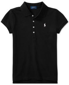 Designed with a hint of stretch, this polo shirt from Ralph Lauren is sure to be your girl's favorite, with ribbed collar, cuffs and a signature embroidered pony at the left chest. | Cotton/elastane | Machine washable | Imported | Ribbed polo collar | Ralph Lauren's-button placket | Short sleeves with ribbed cuffs | Ralph Lauren's signature embroidered pony accents the left chest | Vented hem | Web ID:2548208 Luxury Ralph Lauren Collared Polo Shirt, Kids Uniforms, Polo Women, Grand Vitara, Plus Size Activewear, Baby Clothes Shops, Trendy Plus Size, Swimwear Tops, Dresses With Leggings