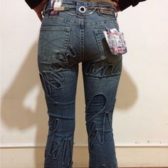 Questions? Leave A Comment Below! Patch On Jeans, Jeans With Cross, Edgy Jeans, Lace Up Jeans, Cross Patch, Low Rise Flare Jeans, Clothing Art, Upcycle Sewing, Custom Jeans