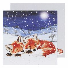 two red foxes in the snow under a full moon and stars, one is sleeping