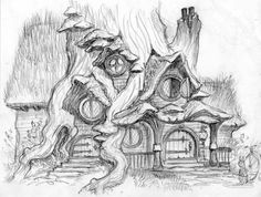 a pencil drawing of a house with trees growing out of the roof and around it