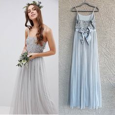 two dresses with bows and flowers on them, one in blue and the other in grey