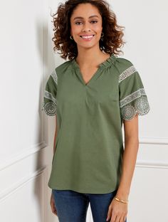 Welcome warmer weather with our oh-so-feminine top. Features pretty ruffles at the neckline with beautiful embroidery at the shoulder and sleeves. Features Popover Short Sleeve Hits At Hip Split Neck Features a curved hem Imported Fit: Misses: 27"; Petite: 25 1/2"; Plus: 29 1/2"; Plus Petite: 28" Material: 100% Cotton Care: Machine Wash Cold; Only Non-Chlorine Bleach When Needed; Tumble Dry Low; Warm Iron, If Needed | Embroidered Sleeve Top - 100% Cotton Talbots Casual V-neck Top With Embroidered Sleeves, Casual Embroidered Top With Lace Trim For Spring, Chic Spring Top With Embroidered Neckline, Chic Top With Embroidered Neckline For Spring, Fall Cotton Top With Crochet Trim, Fall Cotton Tops With Crochet Trim, Cotton Tops With Crochet Trim For Fall, Cotton Top With Embroidered Neckline For Fall, Cotton Tops With Embroidered Neckline For Fall