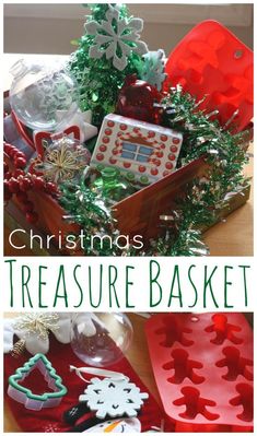 christmas tree and cookie cutters in a box with text overlay that says christmas treasure basket