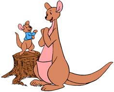 a cartoon kangaroo and a mouse standing on a tree stump with one arm around the other's neck