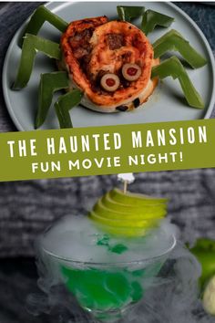 an image of a halloween movie night with food on the plate and in the background