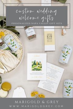 the wedding stationery is laid out on a table with yellow flowers and greenery