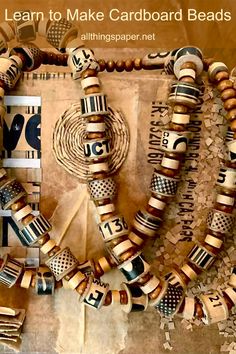 an assortment of bead necklaces on display with the words learn to make cardboard beads