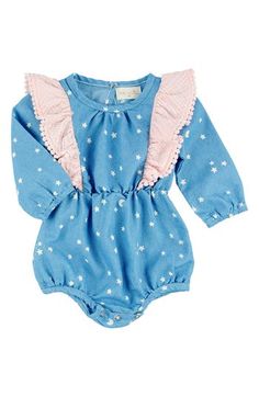 Contrasting gauze ruffles accent a darling cotton-chambray bubble romper printed with moons and stars. Back snap closure; snaps between legs 100% cotton Machine wash, tumble dry Imported Cotton Bubble Romper With Ruffles For Playtime, Spring Playtime Long Sleeve Bubble Romper, Spring Playtime Bubble Romper With Long Sleeves, Spring Long Sleeve Bubble Romper For Playtime, Cute Bubble Romper With Ruffle Hem For Spring, Cute Spring Bubble Romper With Ruffle Hem, Cute Cotton Bubble Romper With Ruffle Hem, Cute Long Sleeve Bubble Romper For Spring, Fitted Long Sleeve Cotton Bubble Romper