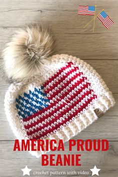 an american flag knitted beanie with the words, america proud beanie crochet pattern