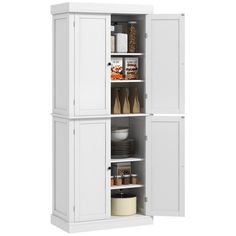 two white cupboards with doors open on each side