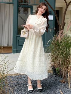 Women's Lace Patchwork Bow Tie Long Sleeve Midi Dress Apricot Elegant  Extra-Long Sleeve Woven Fabric Plain A Line Slight Stretch Spring/Fall Women Clothing, size features are:Bust: ,Length: ,Sleeve Length: Lantern Sleeve Dress, Extra Long Sleeves, Lace Ruffle, Long Sleeve Midi, Women Long Dresses, Long Sleeve Midi Dress, Inspiration Mode, Dress 100, Dance Outfits