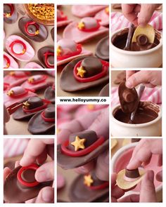 there is a collage of pictures showing how to decorate chocolates in the shape of stars