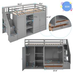 the bunk bed with drawers is shown in two different sizes and features measurements for it