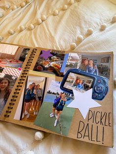 an open photo book with pictures and words on it that says pickle ball in the middle