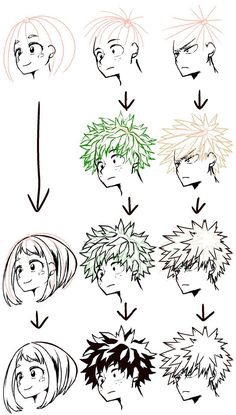 an anime character's head with different hair styles