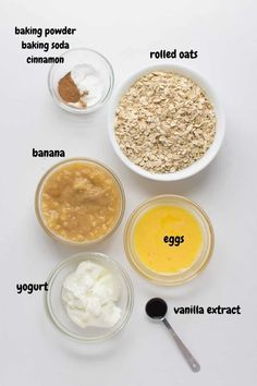 the ingredients to make oatmeal are shown in bowls