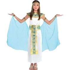 Walk like an Egyptian princess! Girls Shimmer Cleopatra Costume features a silky ivory dress with a gold and turquoise belt attached a metallic gold and turquoise collar and a royal headdress. Add elegance with a sheer turquoise cape with gold arm and wristbands! Girls Shimmer Cleopatra Costume includes:HeaddressCollarDress with beltCape with arm and wristbands Cleopatra Halloween Costume, Walk Like An Egyptian, Goddess Halloween, Cleopatra Halloween, Egyptian Princess, Party City Costumes, Cinderella Costume, Halloween Costume Shop, Ivory Dress