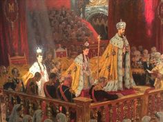 a painting of queen victoria and prince edward in coronation dress surrounded by other people on stage