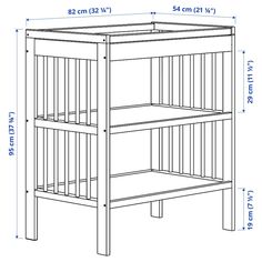 a wooden shelf with measurements for the top and bottom