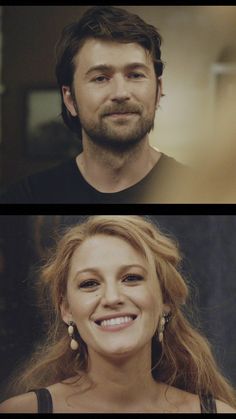 two different pictures of a man and woman smiling at each other's sides, one with