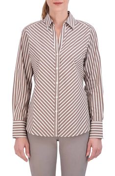 Look crisp and polished all day in this striped shirt made from a non-iron cotton blend. 26" length (size 8) Spread collar Long sleeves with one-button cuffs 62% cotton, 33% polyester, 5% spandex Machine wash, tumble dry Imported Elegant Striped Blouse For Business Casual, Striped Shirt With Spread Collar For Work, Elegant Striped Shirt For Work, Classic Striped Blouse For Work, Classic Pinstripe Blouse For Office, Elegant Striped Shirt For Office Wear, Striped Spread Collar Blouse For Work, Striped Blouse With Spread Collar For Work, Striped Blouse With Placket For Work