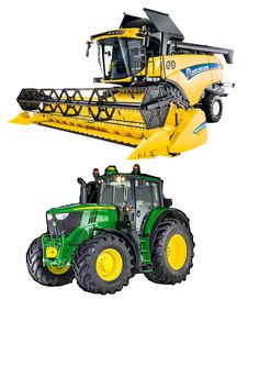 two large tractors are shown side by side, one is green and the other is yellow