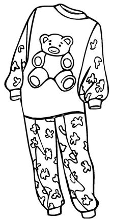 a black and white drawing of pajamas with a teddy bear on the front, and a toy in the back