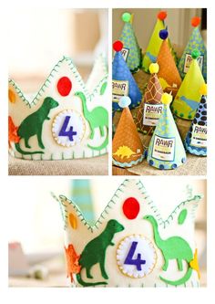 the birthday hats are decorated with dinosaurs and numbers