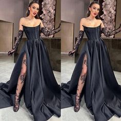 Black Gothic Wedding Dresses with Slit Satin Strapless Corset A-line Gowns Train  | eBay Corset Black Wedding Dress, Corset Dress Ideas, Glam Dresses Black, Black Corset Wedding Dress, Long Dress With Corset, Black Wedding Dress Elegant, Romantic Black Dress, Corset Black Dress, Wedding Black Dress