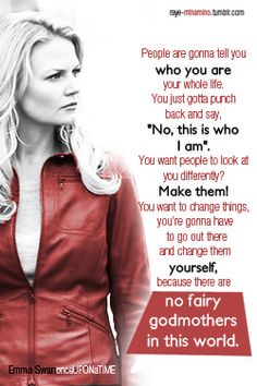 a woman wearing a red leather jacket with a quote from the movie, no fairy things in this world