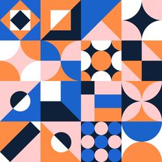 an abstract geometric design with blue, orange and pink colors