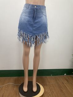 Fashion Streetwear Summer Clothing Solid High Waist Tassel Ripped Strechy Denim Mini Skirt Spring Denim Bottoms With Tassels, Casual Denim Bottoms With Tassels, Casual Fringe Skirt For Spring, Casual Fitted Skirt With Fringe, Fitted Casual Skirt With Fringe, Casual Fitted Fringe Skirt, Casual Fringe Mini Skirt, Casual Mini Skirt With Fringe, Spring High Waist Fringed Mini Skirt