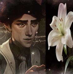 a painting of a man with his face painted white and the image of a flower in front of him