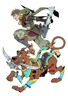 an image of two cartoon characters riding on the back of a dog with swords in its mouth