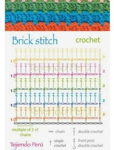 a crochet pattern with the words brick stitch on it and two rows of different colors