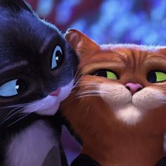 two animated cats are standing next to each other, one is staring at the camera