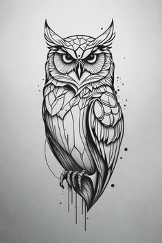 an owl tattoo design on the back of a woman's shoulder, with black ink