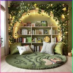 a living room filled with lots of furniture and bookshelves covered in green plants