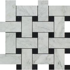 Carrara White Marble Polished Large Basketweave Mosaic Tile w/ Black Dots Black And White Basket, Carrara Tiles, Carrara Marble Tile, Elegant Tiles, White Marble Tiles, Marble Polishing, Stone Mosaic Tile, Honed Marble, Porcelain Mosaic Tile