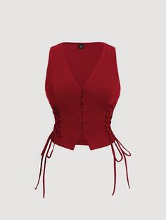 Plus Size Women's Black Tie-Side Buckle Closure Vest Top Red Casual   Knitted Fabric Plain Tank Medium Stretch  Women Plus Clothing, size features are:Bust: ,Length: ,Sleeve Length: Red Corset With Sleeves, Red And Black Corset Top, Red Corset Outfit Casual, Corset Outfit Casual, Red Corset Outfit, Red And Black Corset, Red Corset Top, Corset Outfit, Black Corset Top