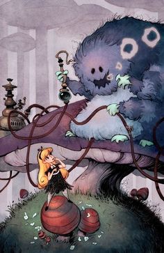 an image of a cartoon scene with monsters on top of a mushroom and another creature in the background