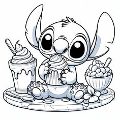 the cute stitchy baby is eating some cupcakes and drinking milkshake