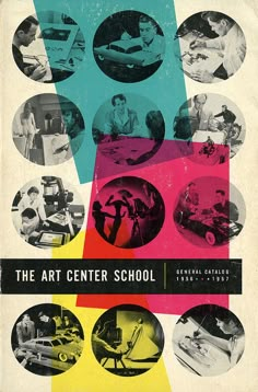 an advertisement for the art center school with pictures of people working on machines and cars