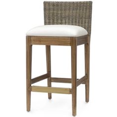 a wicker bar stool with a white cushion on the seat and backrests