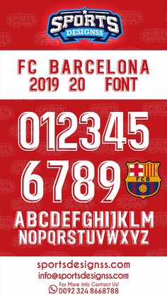 the font and numbers for sports designs, including an image of barcelona's logo