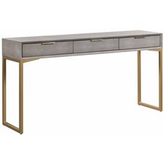 a grey desk with two drawers and gold legs