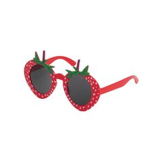 a pair of red sunglasses with strawberries on the sides and grey lenses, all decorated in polka dots