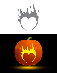 a pumpkin with flames and a heart on it