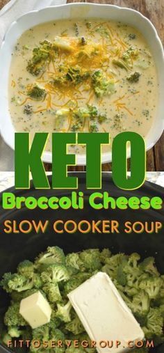 broccoli cheese slow cooker soup in a bowl with text overlay that reads keto broccoli cheese slow cooker soup