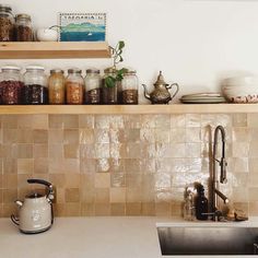 the kitchen counter is clean and ready for us to use